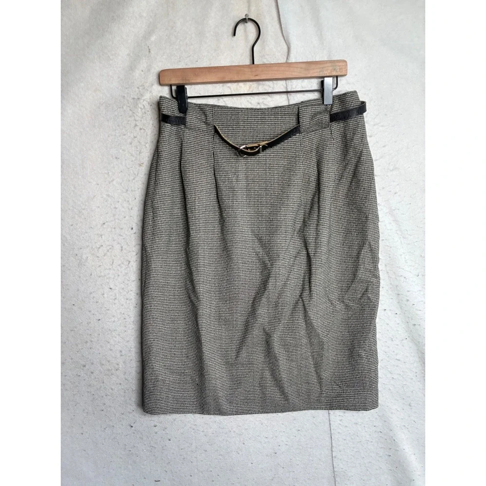 Gianni Sport Vintage 100% Wool Houndstooth Pencil Skirt Black White Belted USA
